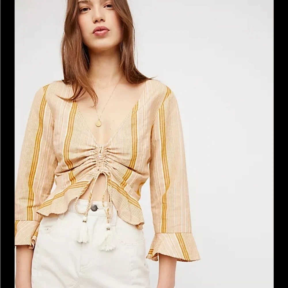 Free People Beige and Yellow Striped Crop Top